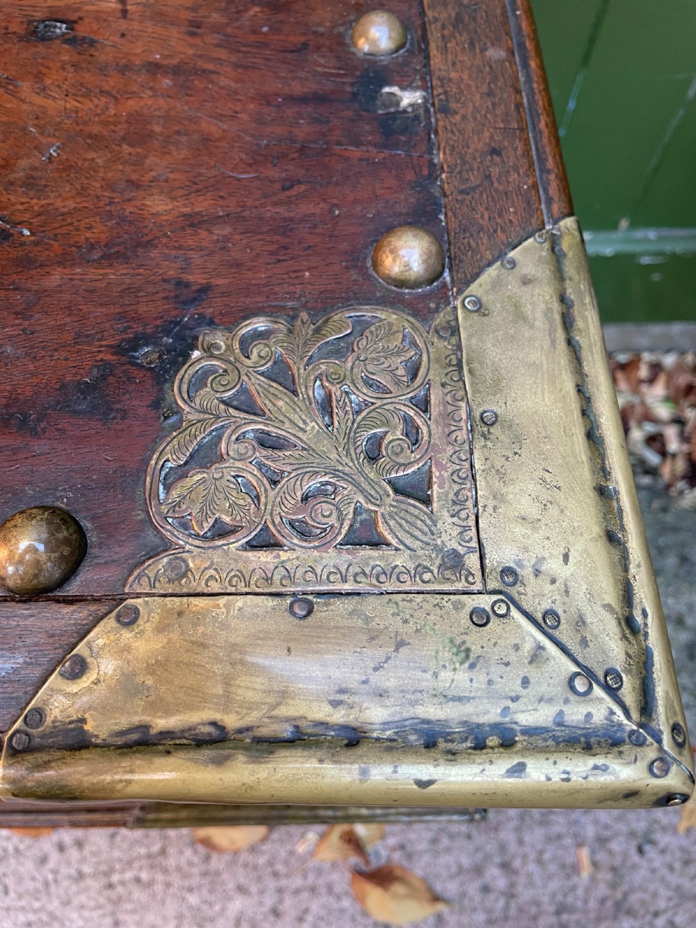 C18th Dutch East Indies Colonial brass-mounted teak coffer on stand . View V