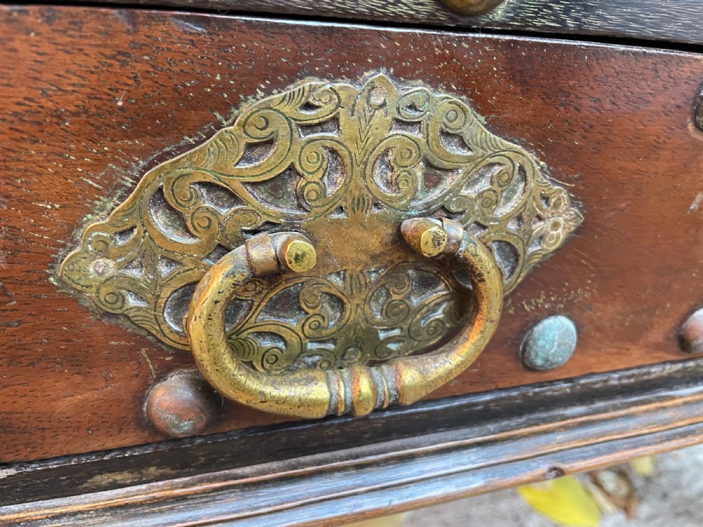 C18th Dutch East Indies Colonial brass-mounted teak coffer on stand . View VII