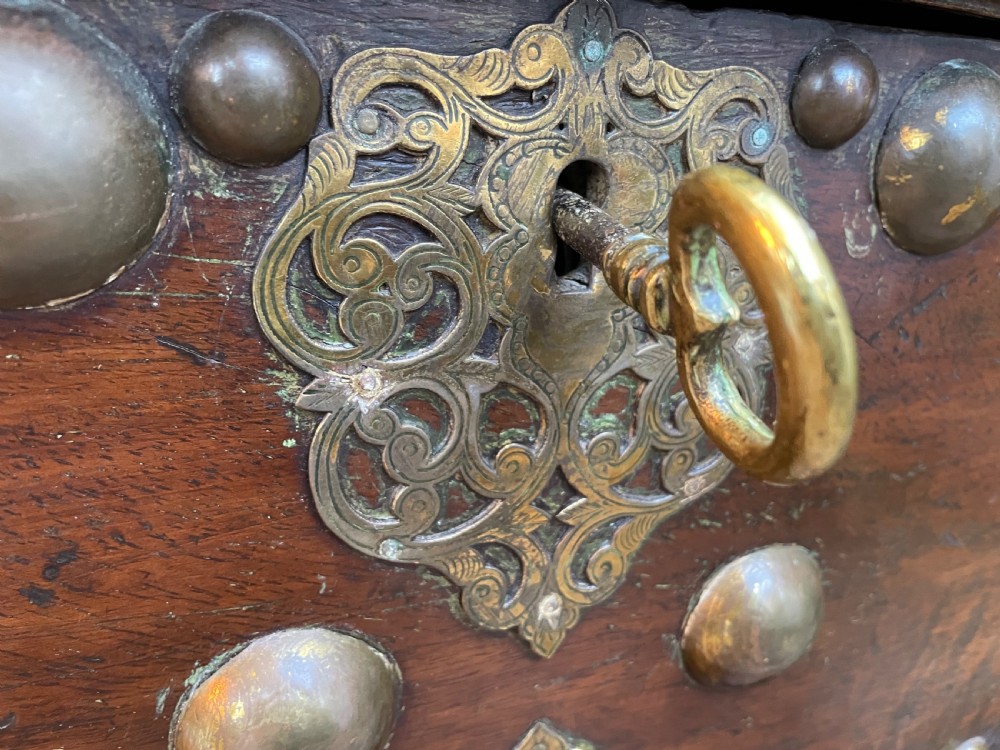 C18th Dutch East Indies Colonial brass-mounted teak coffer on stand . View IX