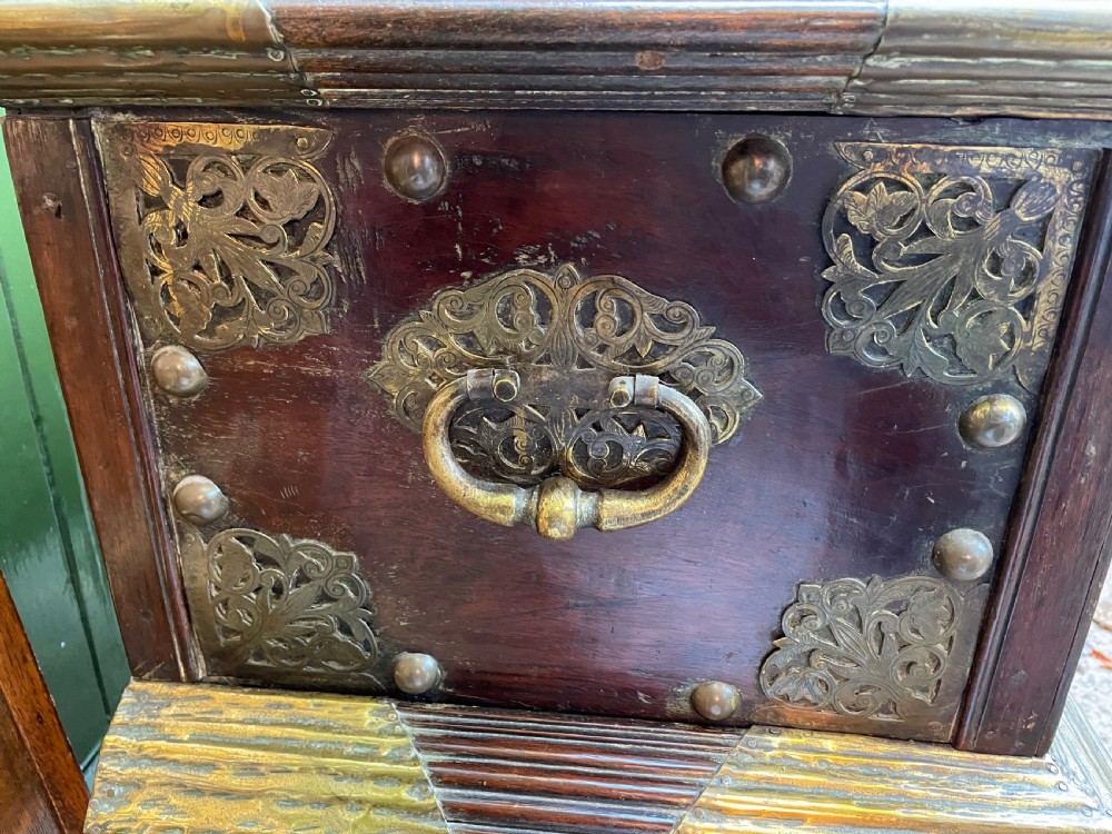 C18th Dutch East Indies Colonial brass-mounted teak coffer on stand . View X
