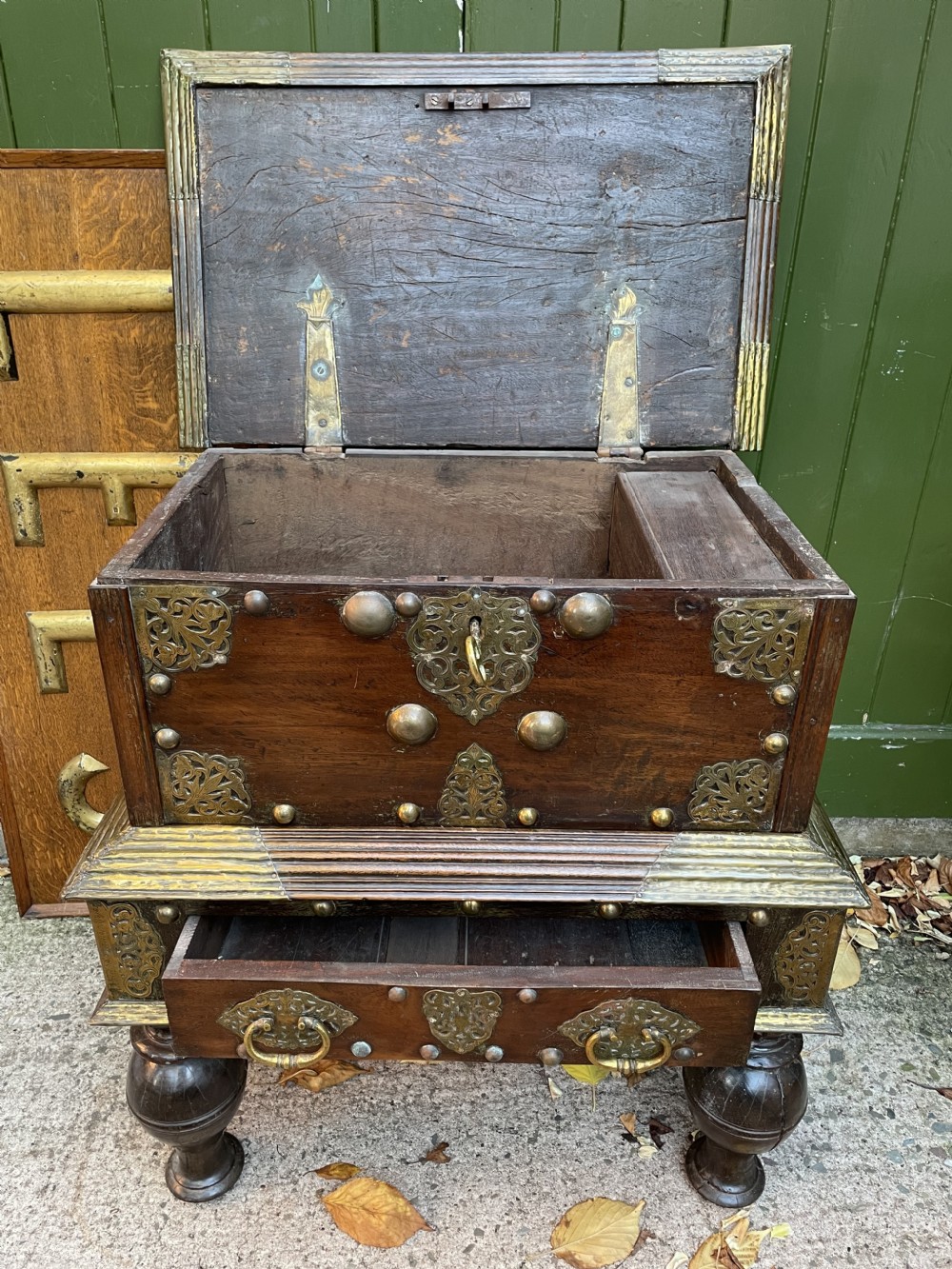 C18th Dutch East Indies Colonial brass-mounted teak coffer on stand . View XI