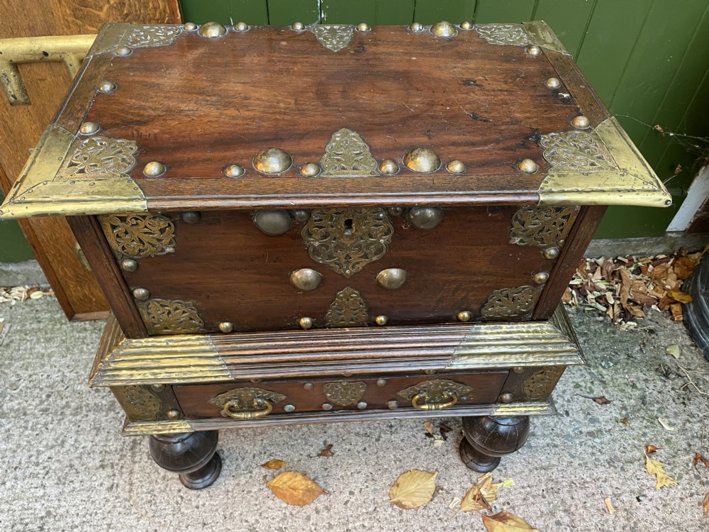 C18th Dutch East Indies Colonial brass-mounted teak coffer on stand . View XII