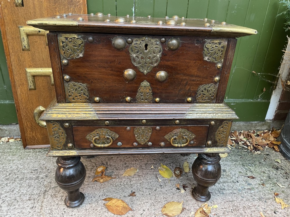C18th Dutch East Indies Colonial brass-mounted teak coffer on stand . View XVI