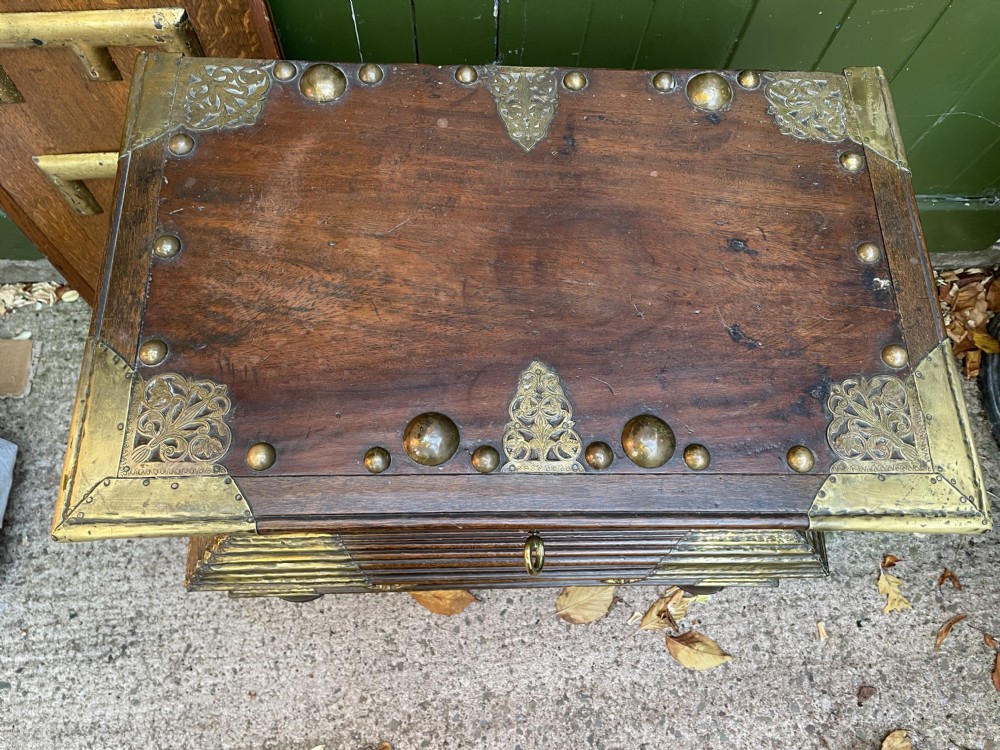 C18th Dutch East Indies Colonial brass-mounted teak coffer on stand . View XIV