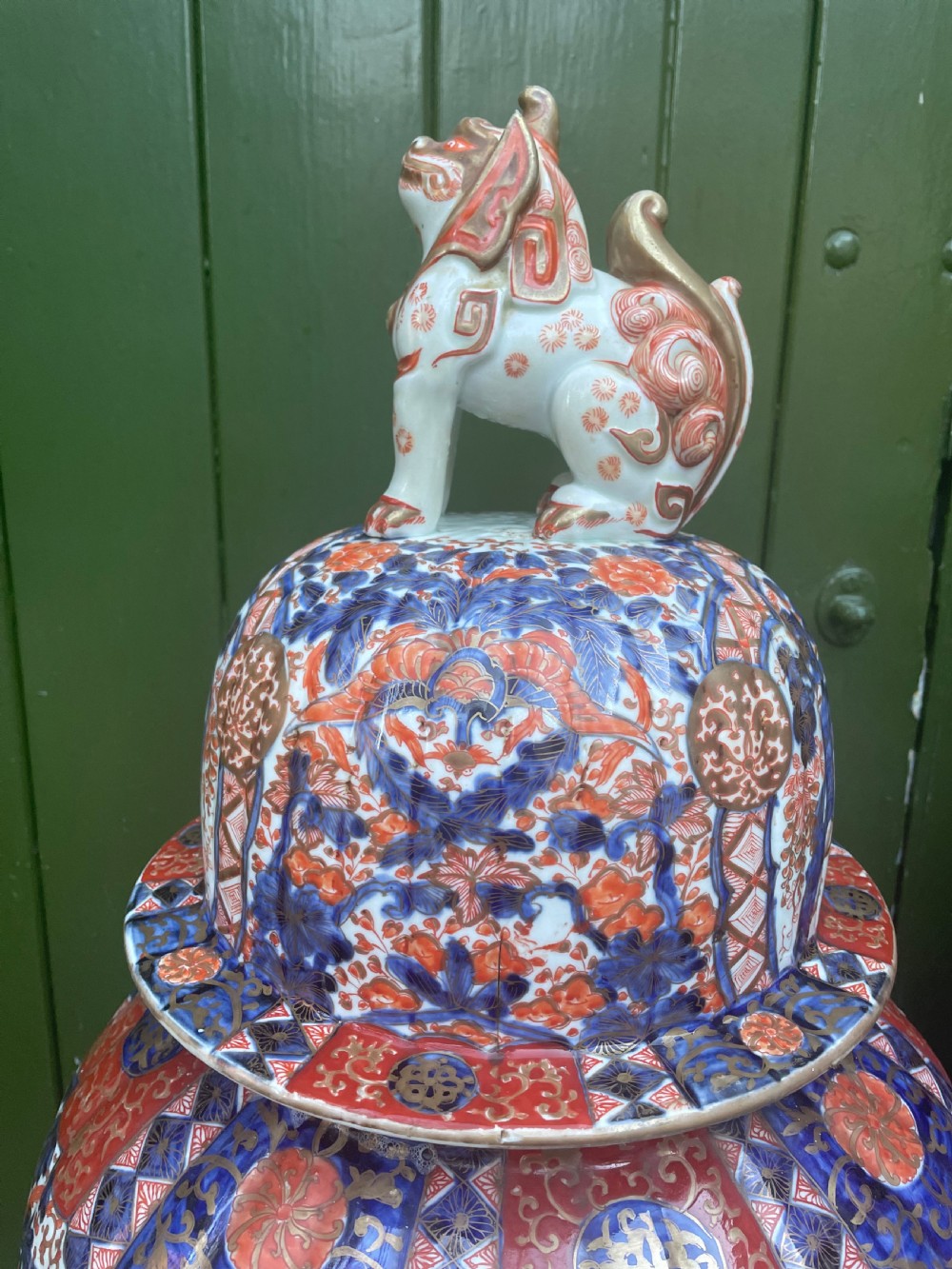 Fine large pair of mid C19th Japanese Imari porcelain vases and covers . View V