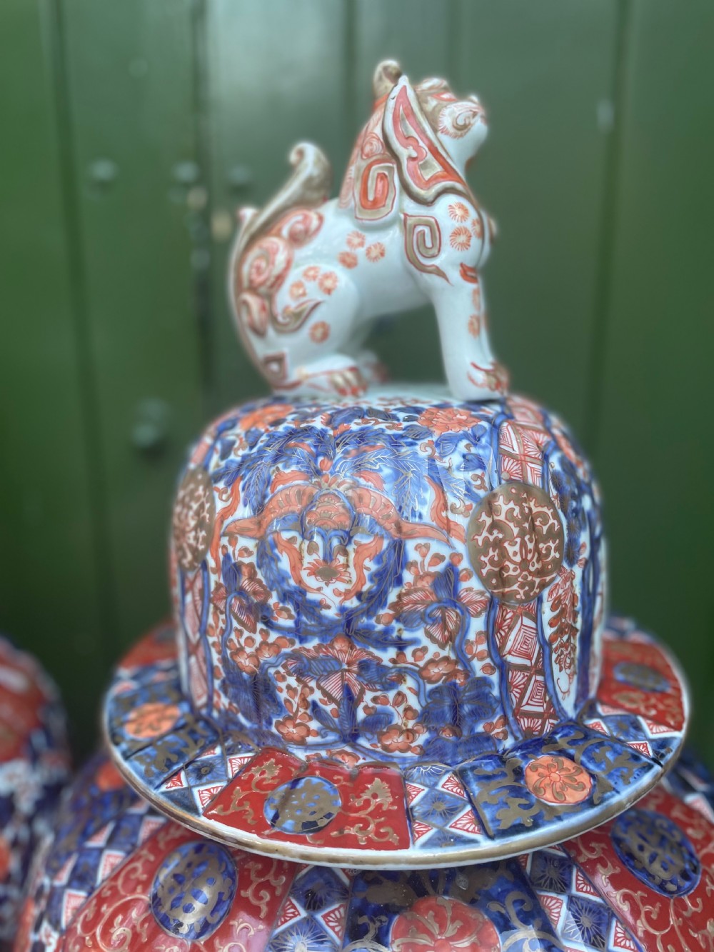 Fine large pair of mid C19th Japanese Imari porcelain vases and covers . View VI