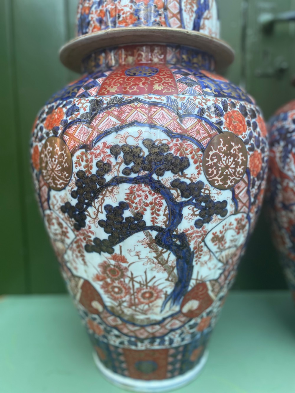 Fine large pair of mid C19th Japanese Imari porcelain vases and covers . View VII