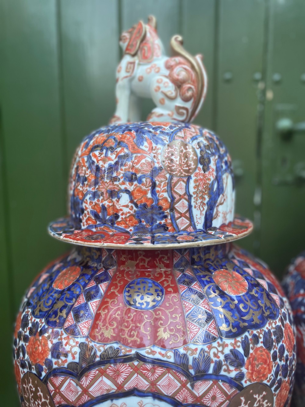 Fine large pair of mid C19th Japanese Imari porcelain vases and covers . View VIII