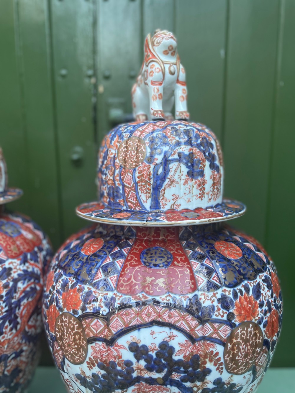 Fine large pair of mid C19th Japanese Imari porcelain vases and covers . View XI