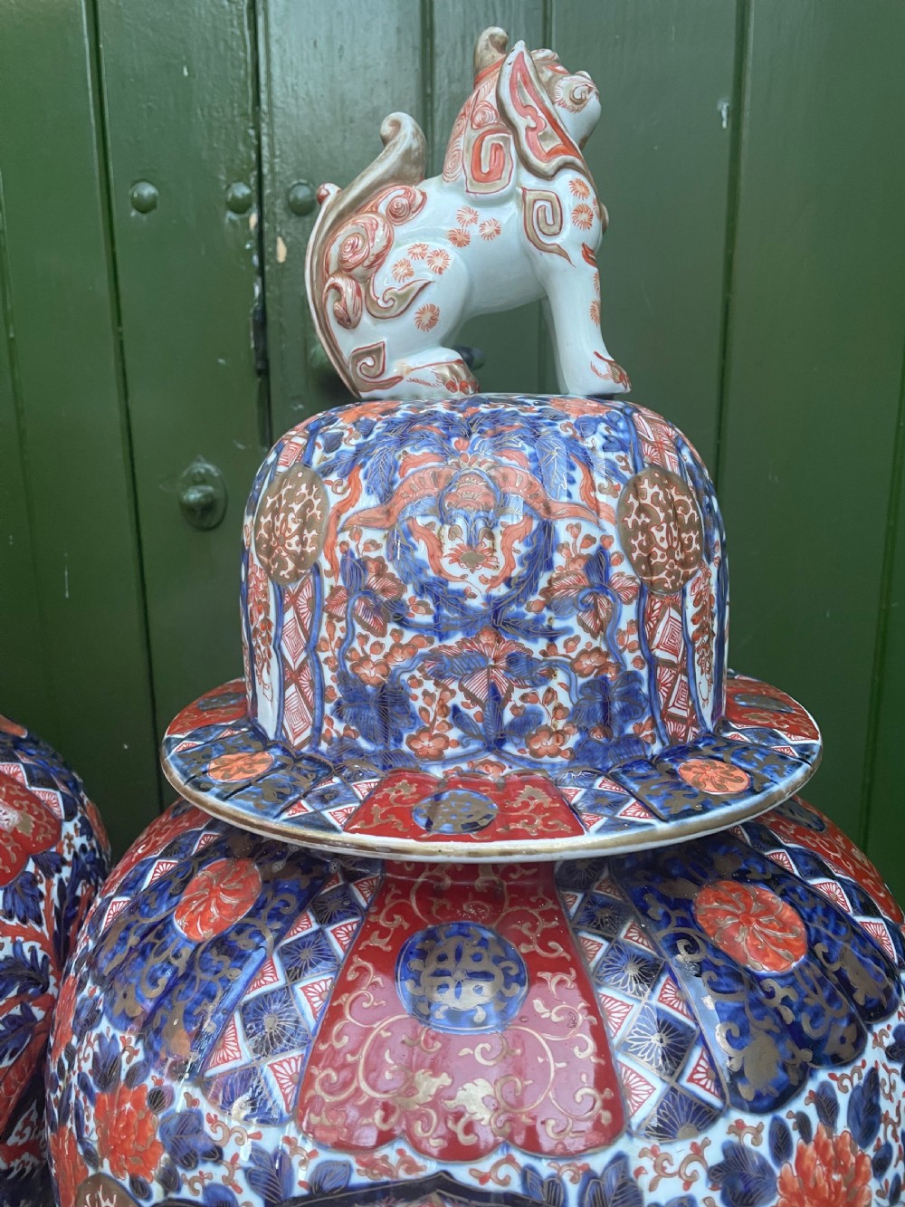 Fine large pair of mid C19th Japanese Imari porcelain vases and covers . View XIII