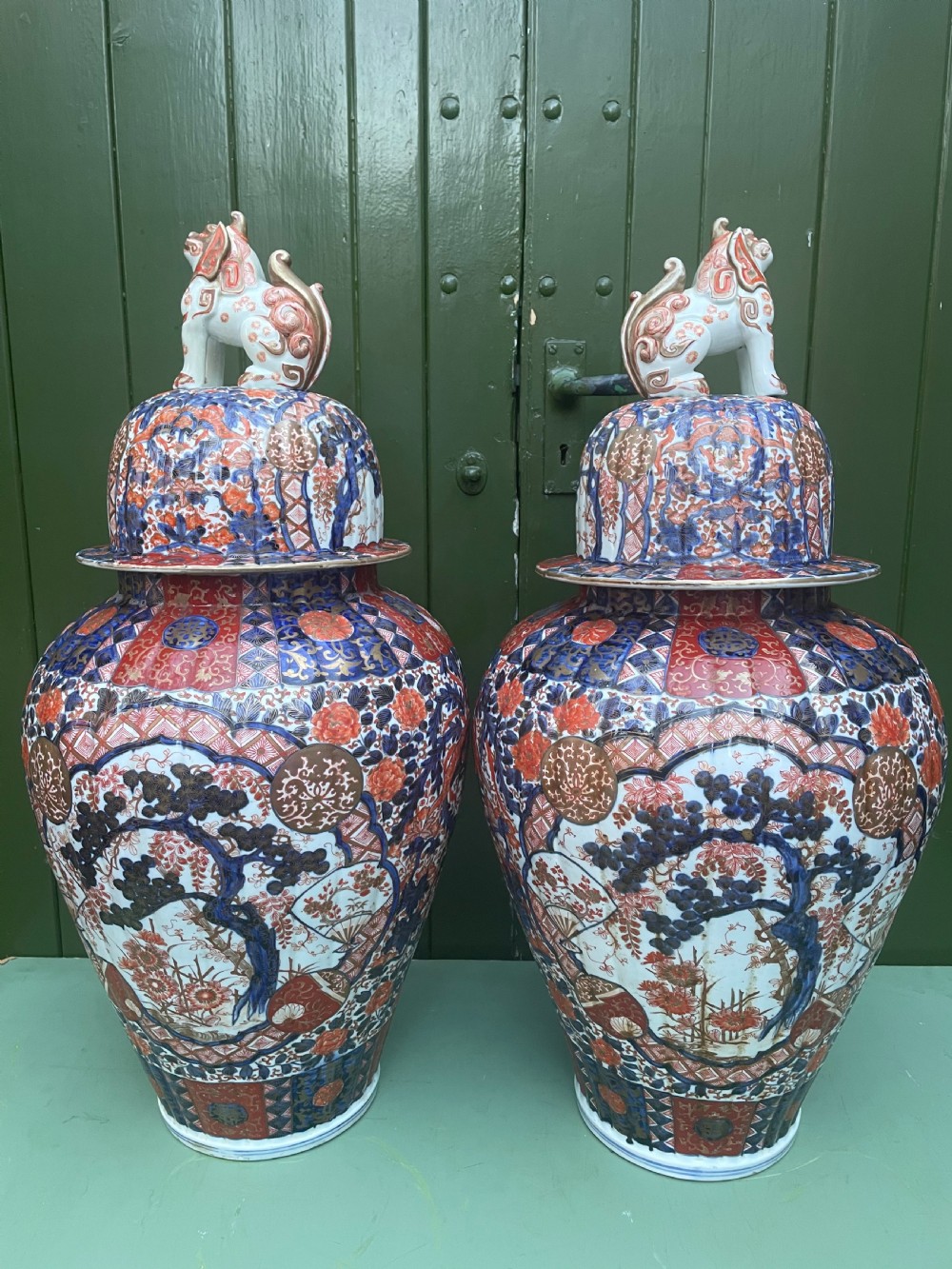 Fine large pair of mid C19th Japanese Imari porcelain vases and covers . View XV