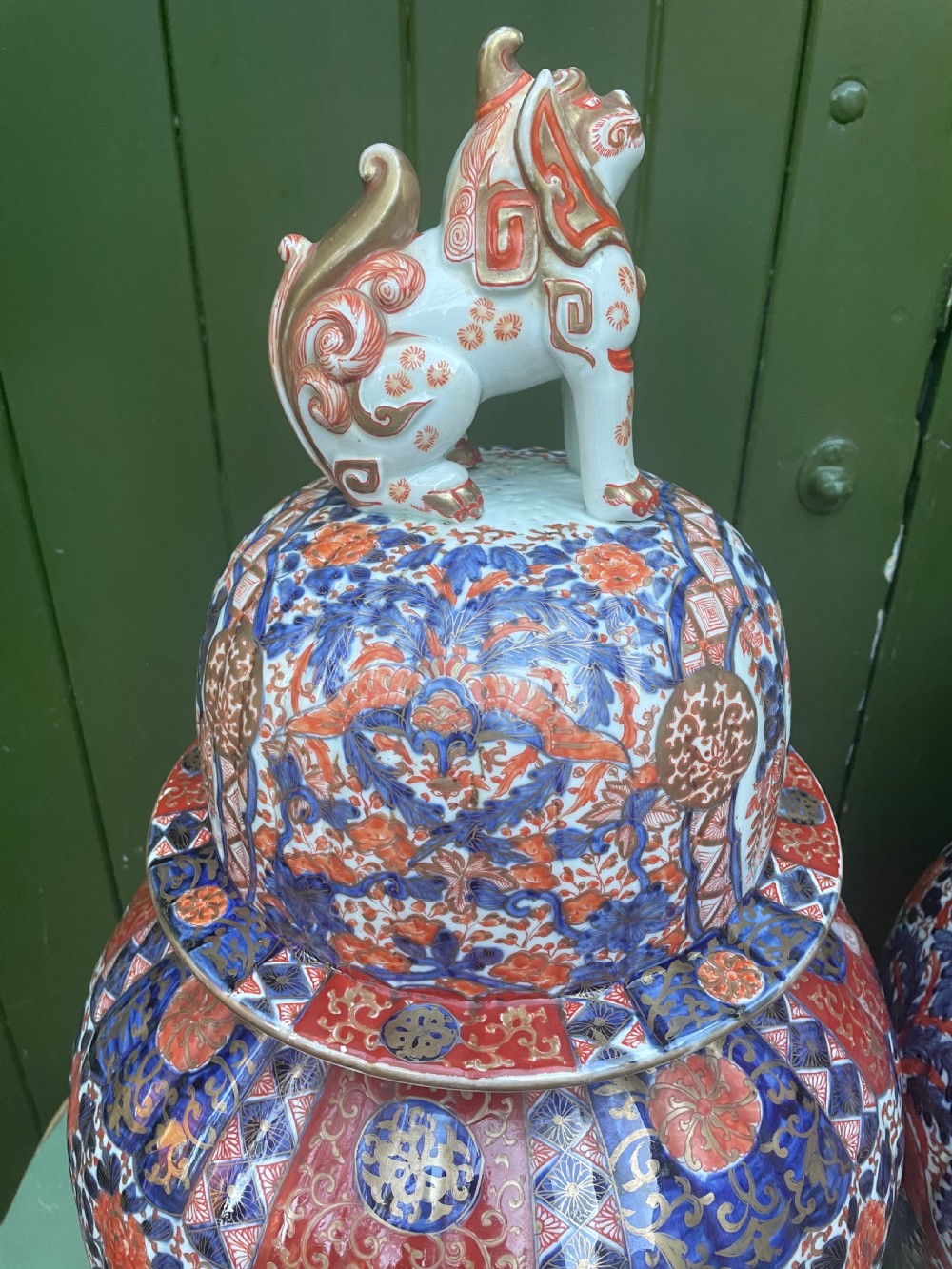 Fine large pair of mid C19th Japanese Imari porcelain vases and covers . View XXI
