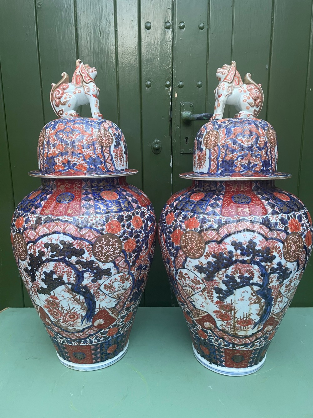 Fine large pair of mid C19th Japanese Imari porcelain vases and covers . View XXII