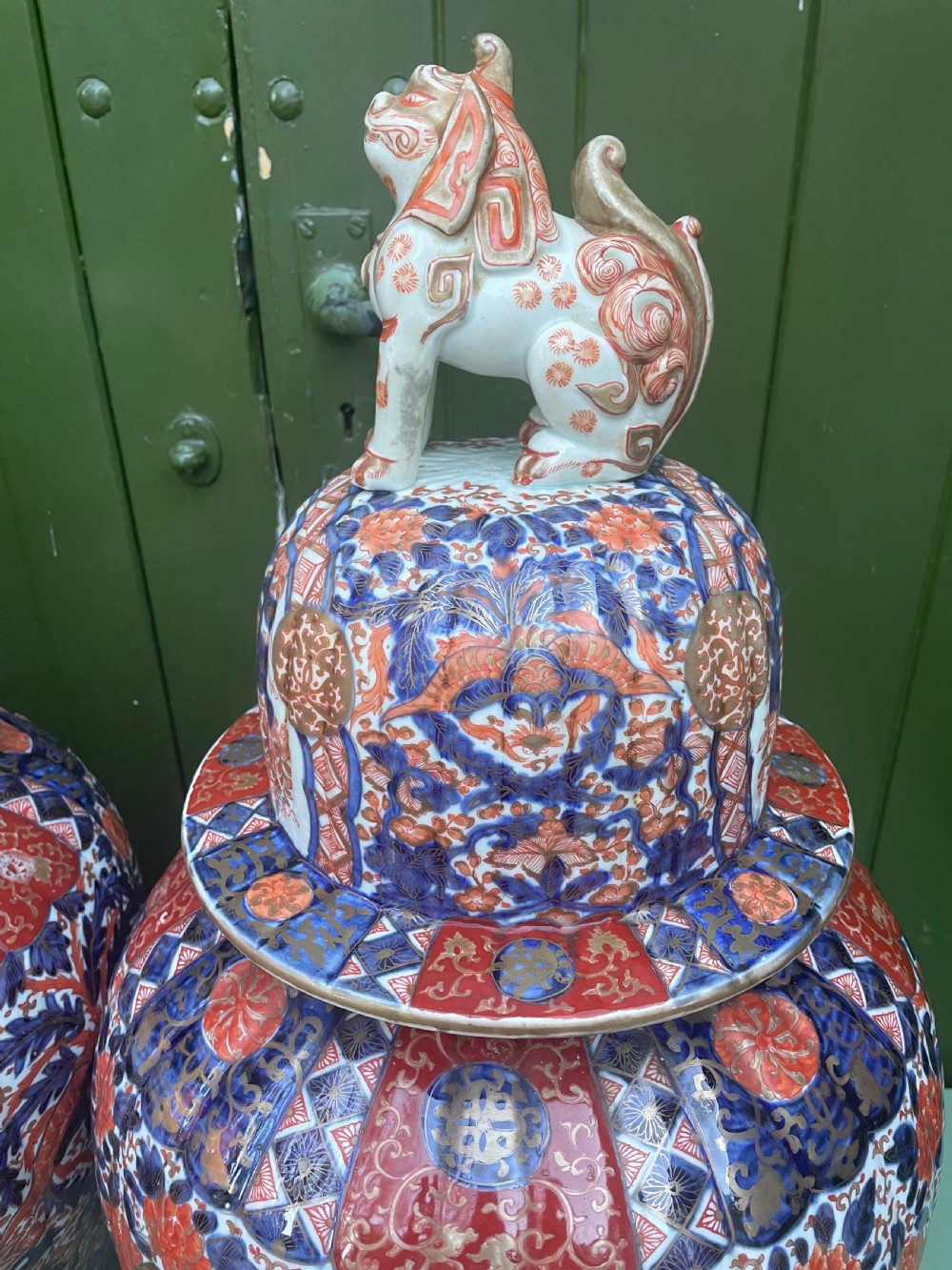 Fine large pair of mid C19th Japanese Imari porcelain vases and covers . View XXIII