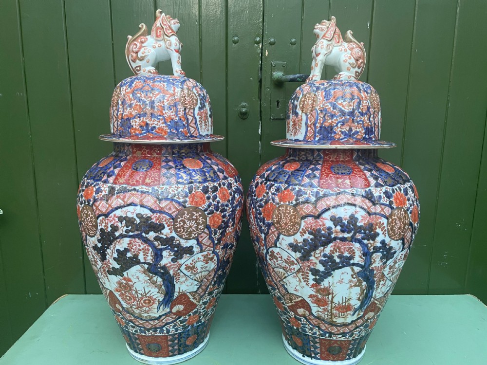 Fine large pair of mid C19th Japanese Imari porcelain vases and covers . View XXIV