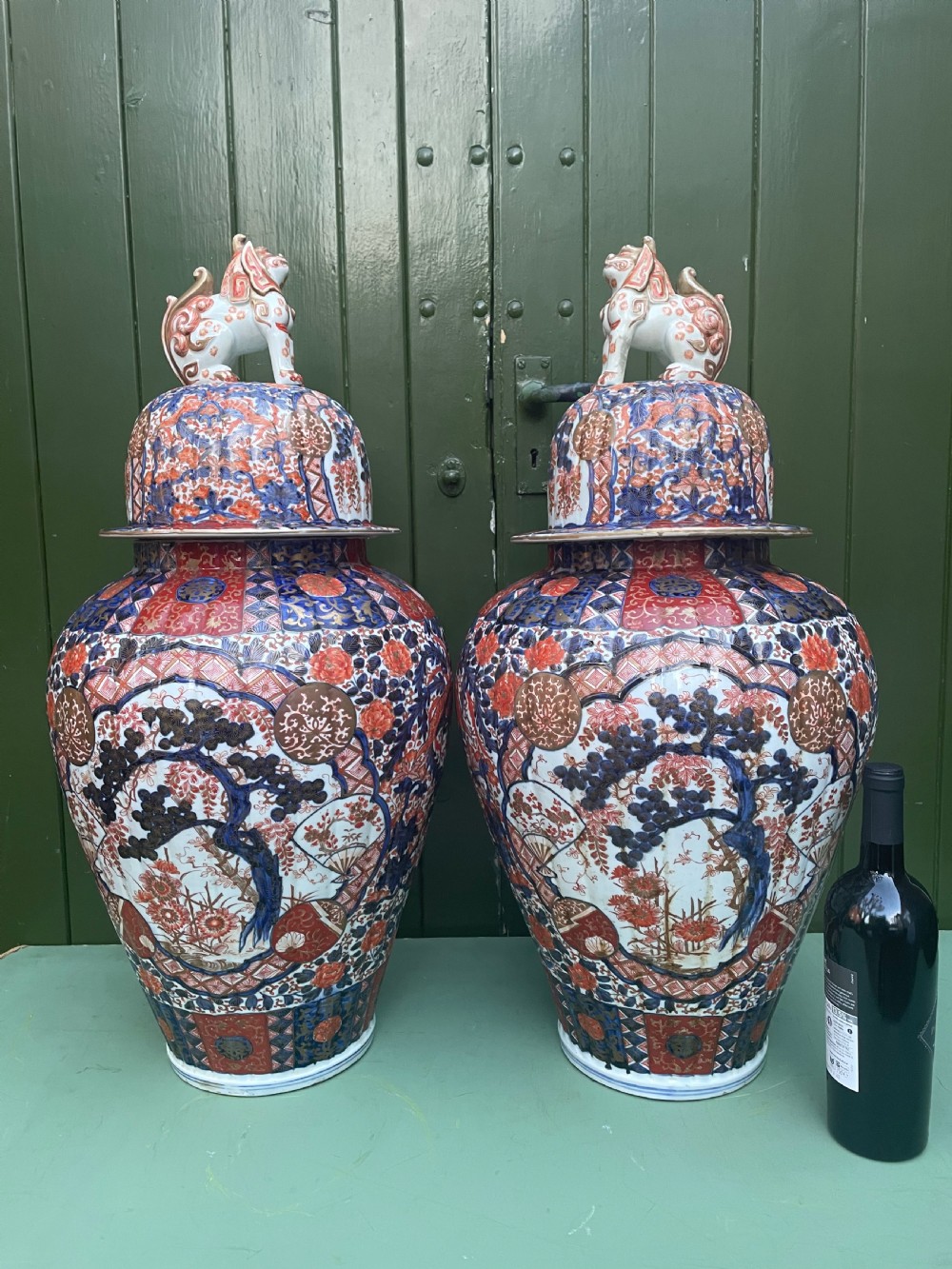 Fine large pair of mid C19th Japanese Imari porcelain vases and covers . View XXV