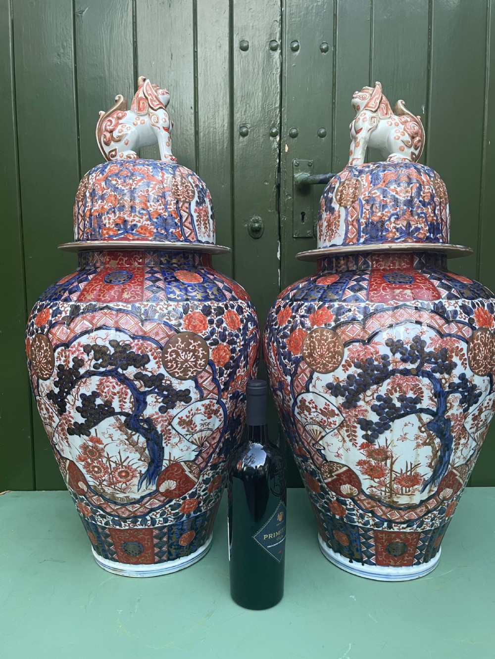 Fine large pair of mid C19th Japanese Imari porcelain vases and covers . View XXVI
