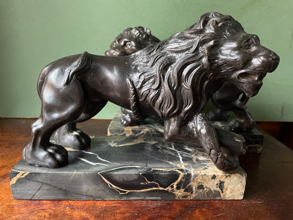 Pair of C19th French cast-iron lions with a bronze patination, mounted on portoro marble plinth bases . View XV