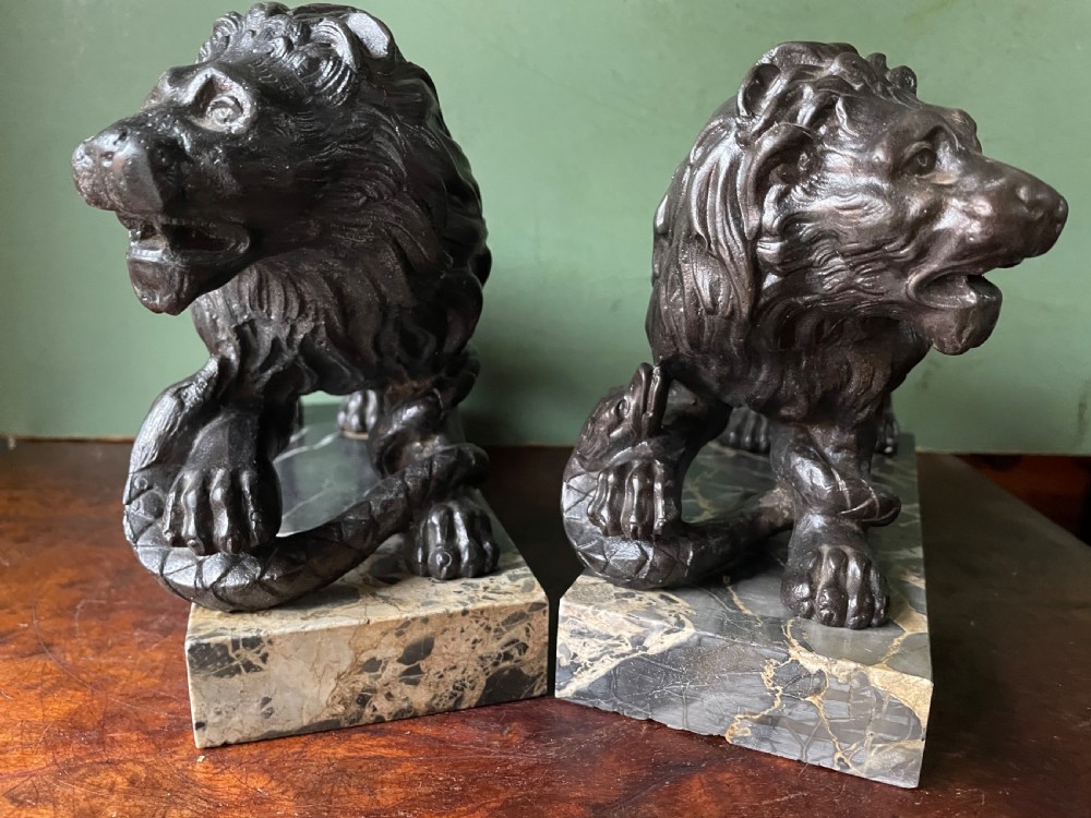 Pair of C19th French cast-iron lions with a bronze patination, mounted on portoro marble plinth bases . View XVI