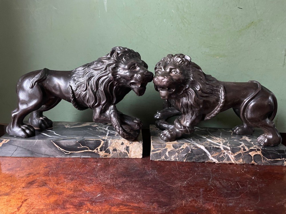 Pair of C19th French cast-iron lions with a bronze patination, mounted on portoro marble plinth bases . View XVII