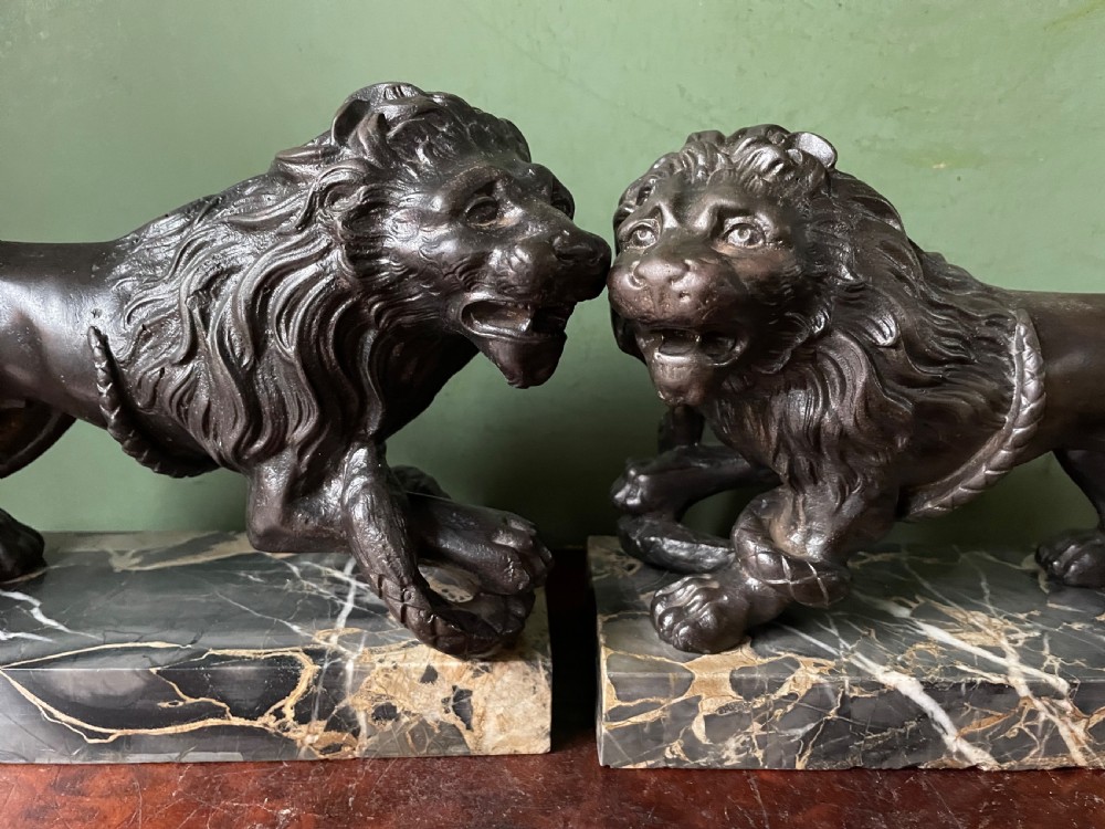 Pair of C19th French cast-iron lions with a bronze patination, mounted on portoro marble plinth bases . View XIX
