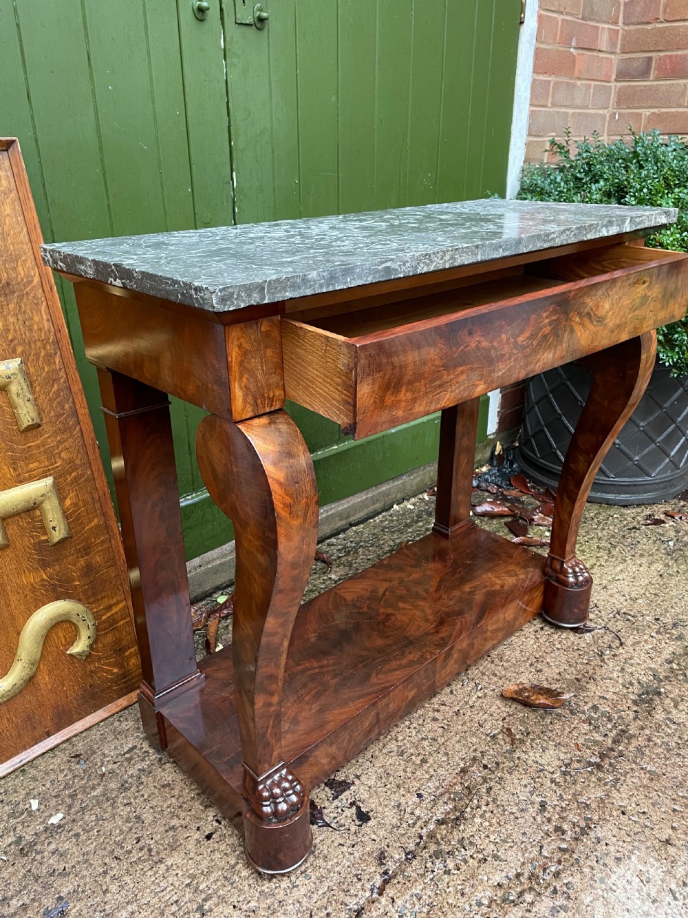 Early C19th French Charles X period mahogany marble-topped pier or console table. View VI