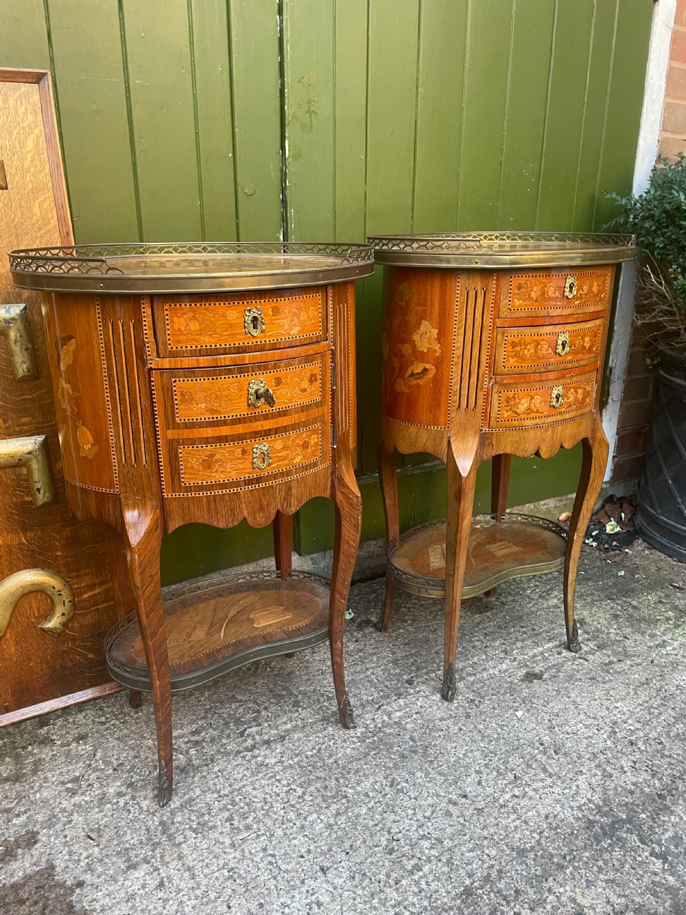 Pair of late C19th French marquetry inlaid and ormolu mounted ‘tables-en-chiffonniere’. View III