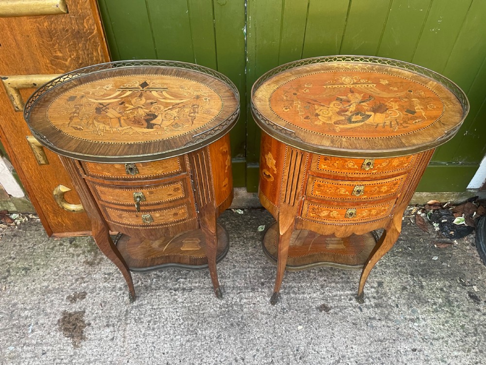 Pair of late C19th French marquetry inlaid and ormolu mounted ‘tables-en-chiffonniere’. View IV