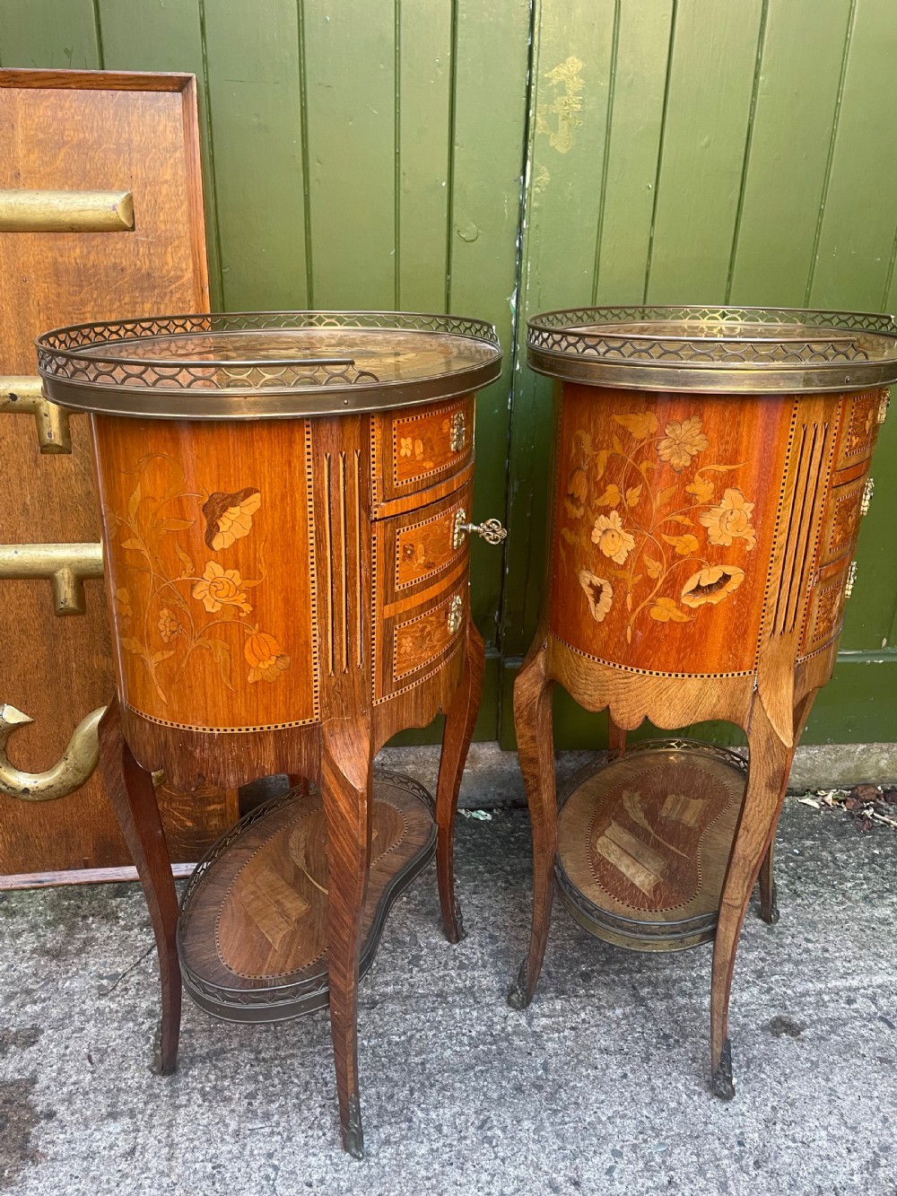 Pair of late C19th French marquetry inlaid and ormolu mounted ‘tables-en-chiffonniere’. View V