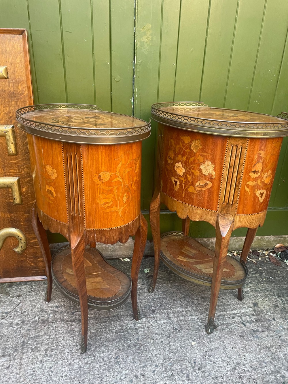 Pair of late C19th French marquetry inlaid and ormolu mounted ‘tables-en-chiffonniere’. View VI
