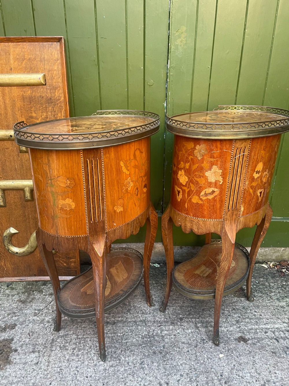 Pair of late C19th French marquetry inlaid and ormolu mounted ‘tables-en-chiffonniere’. View VIII