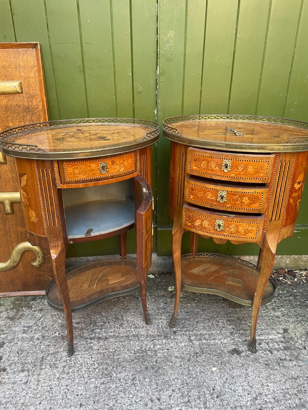 Pair of late C19th French marquetry inlaid and ormolu mounted ‘tables-en-chiffonniere’. View XIV