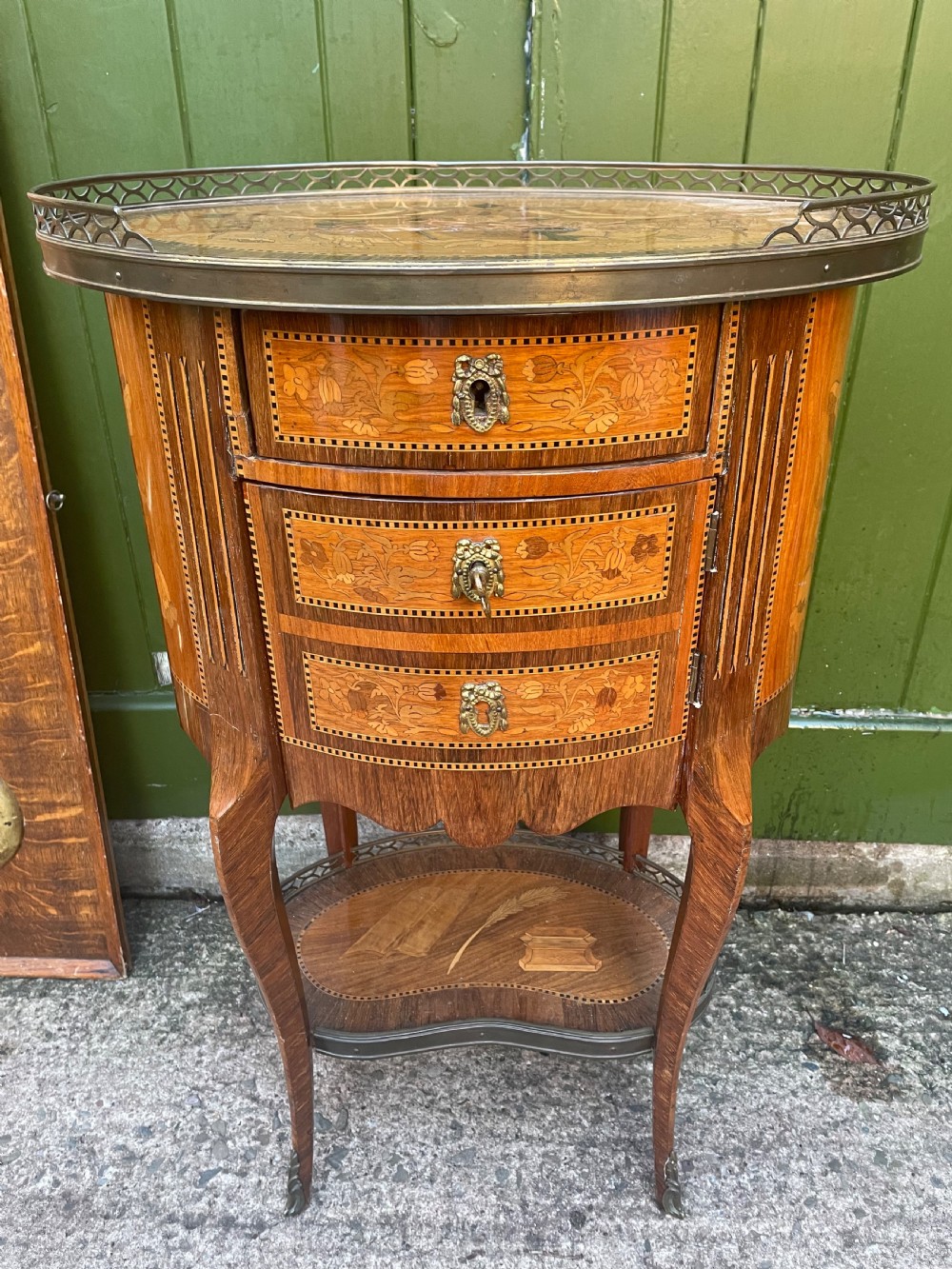 Pair of late C19th French marquetry inlaid and ormolu mounted ‘tables-en-chiffonniere’. View XIX