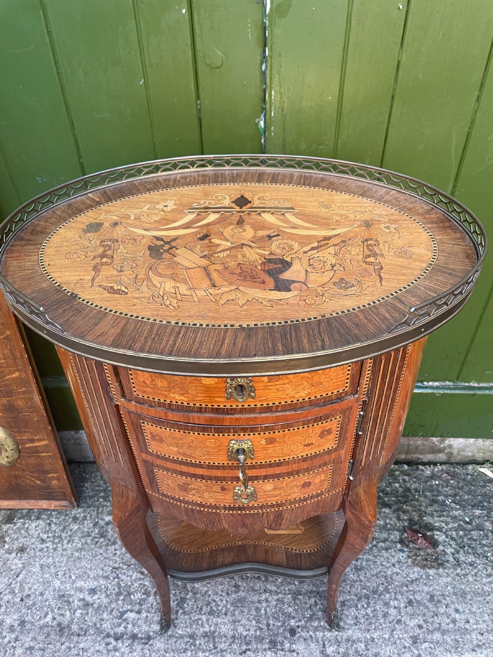 Pair of late C19th French marquetry inlaid and ormolu mounted ‘tables-en-chiffonniere’. View XX