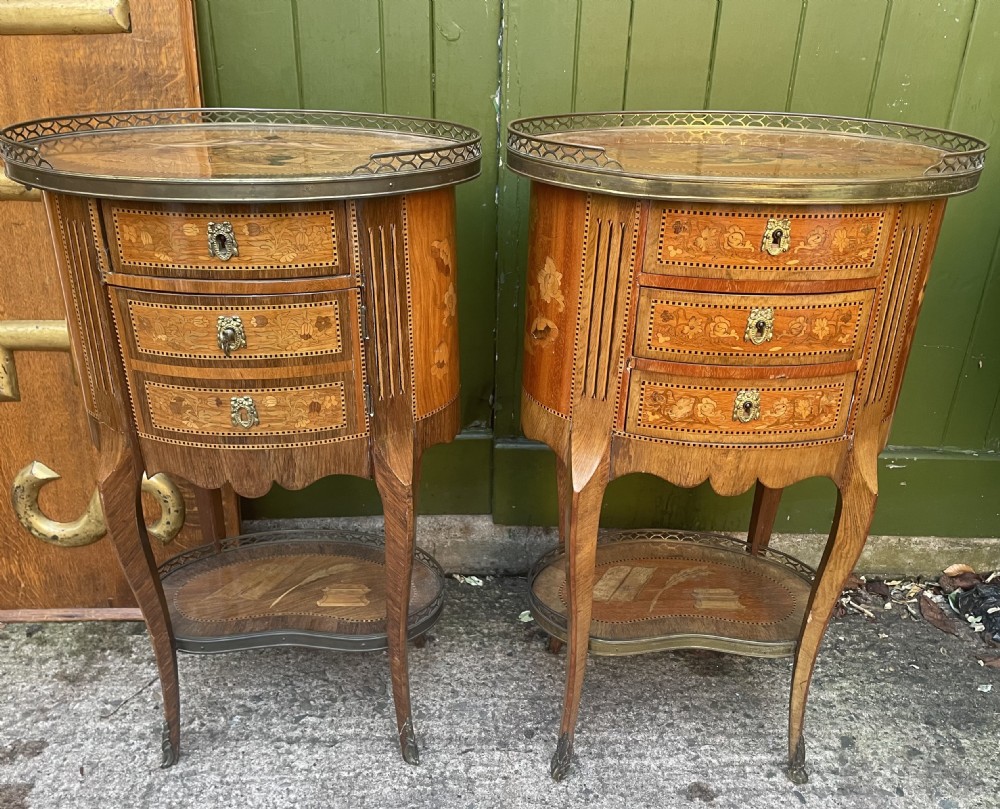 Pair of late C19th French marquetry inlaid and ormolu mounted ‘tables-en-chiffonniere’.
