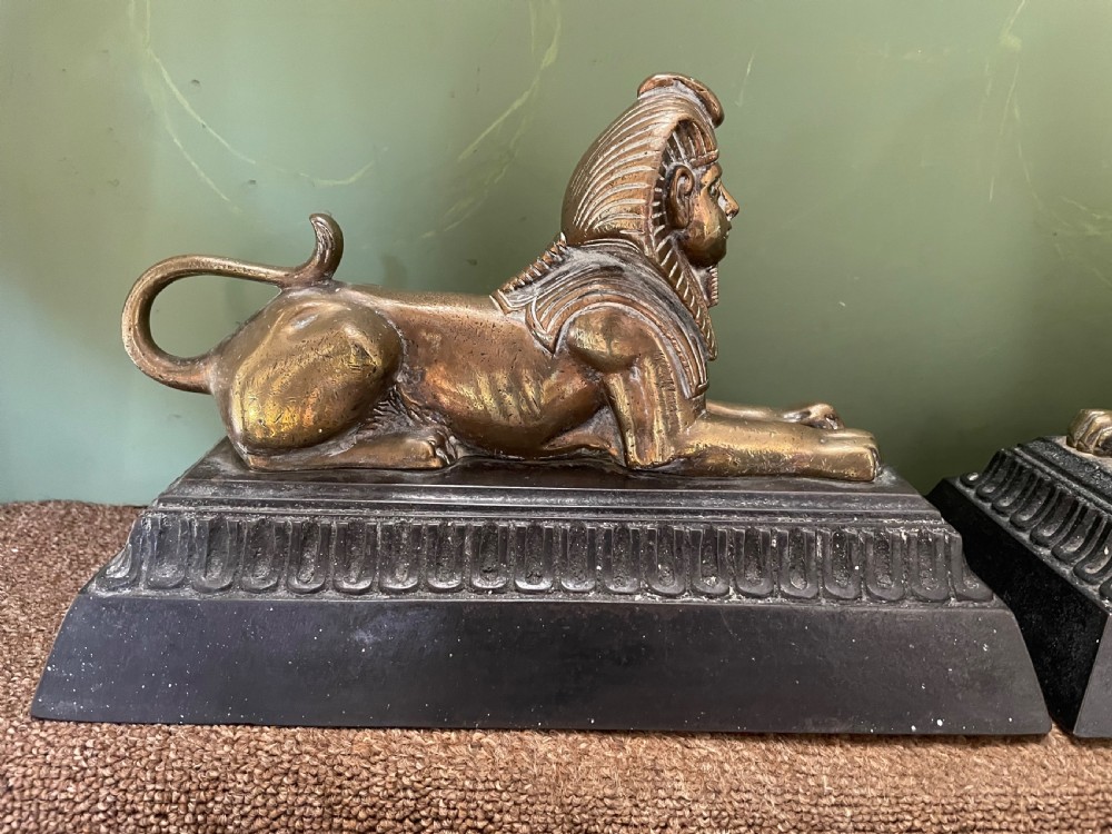 Pair of decorative mid C19th brass and cast-iron Sphinx andirons. View V