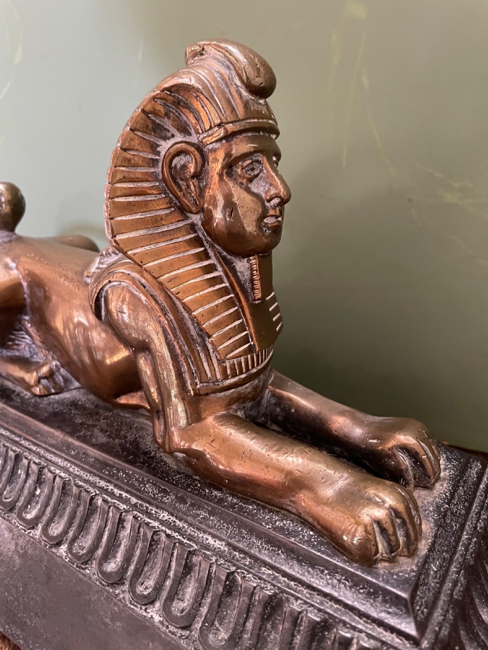 Pair of decorative mid C19th brass and cast-iron Sphinx andirons. View VIII