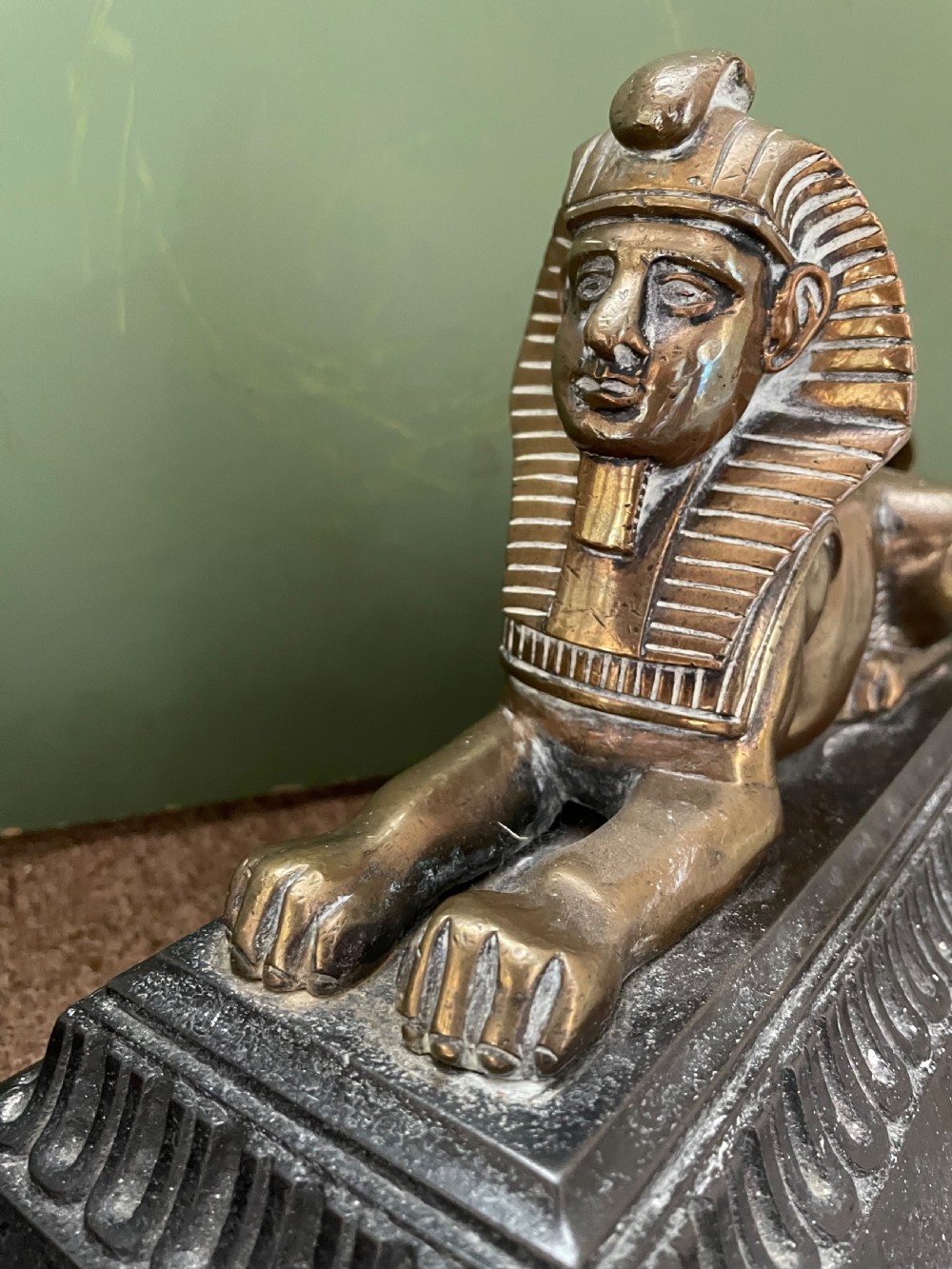 Pair of decorative mid C19th brass and cast-iron Sphinx andirons. View XIII