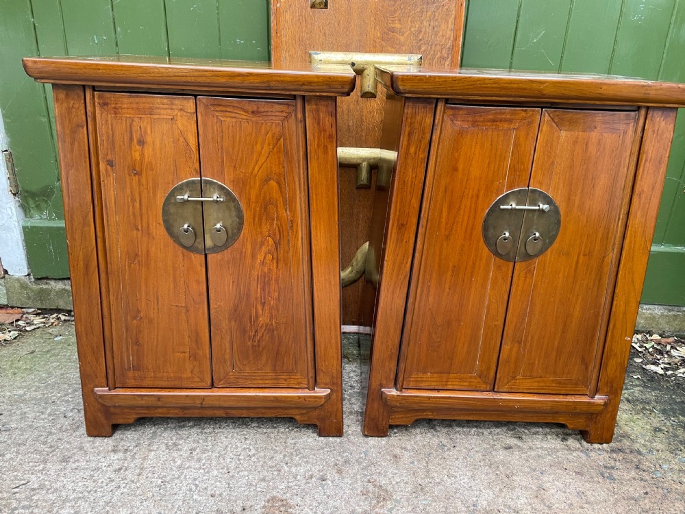 Pair of early C20th Chinese Republic period hardwood bedside cupboards. View IV