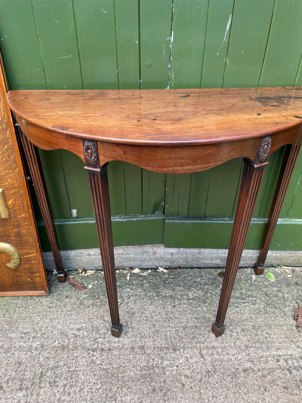 Elegant late C19th George III period revival demi-lune elliptical side table. View VII