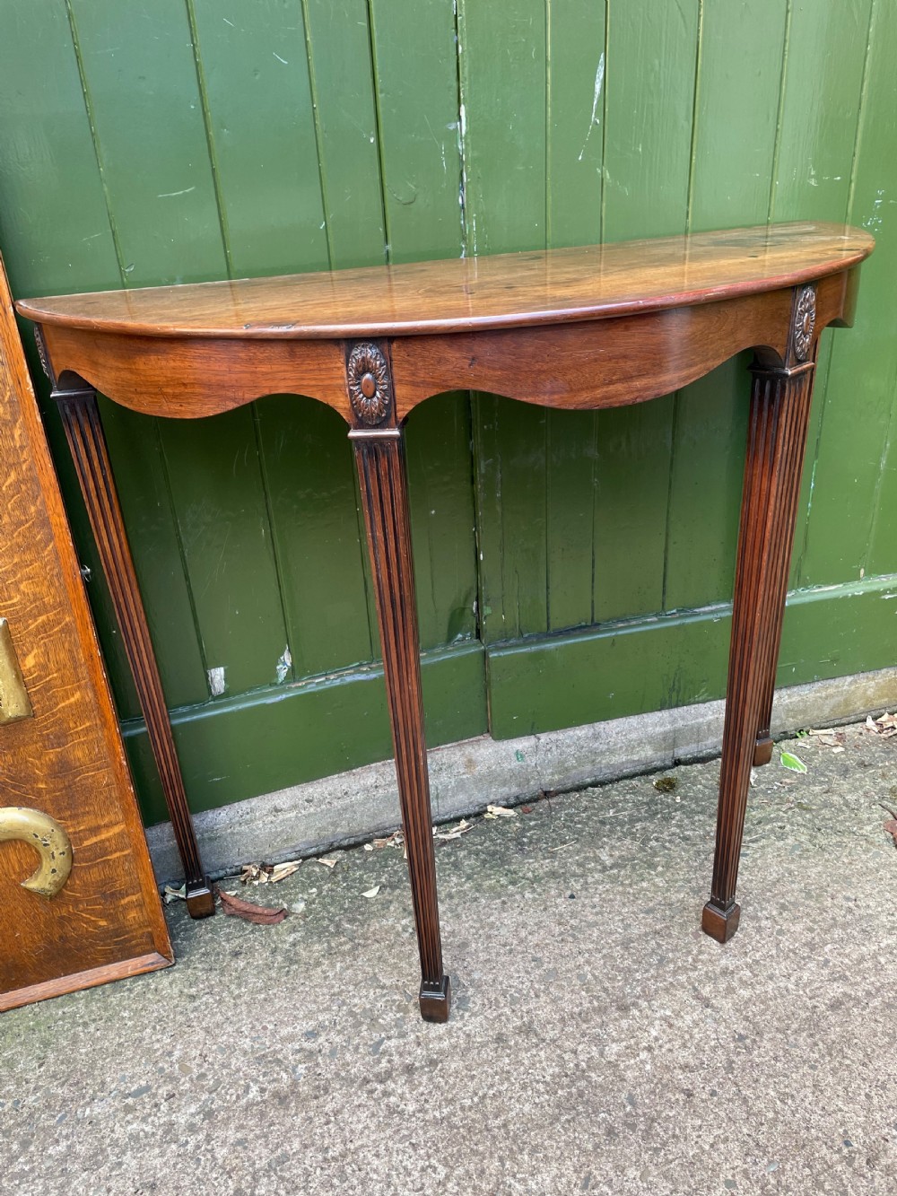 Elegant late C19th George III period revival demi-lune elliptical side table. View IX