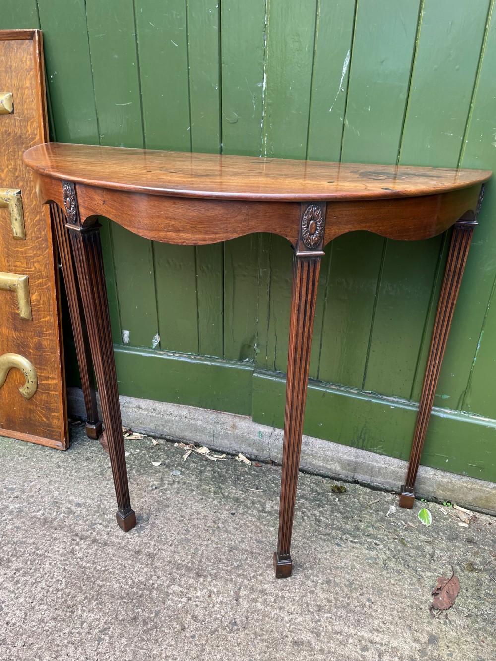 Elegant late C19th George III period revival demi-lune elliptical side table. View X