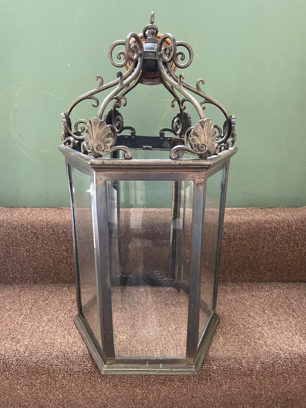 Late C19th Regency style brass hexagonal hall lantern.