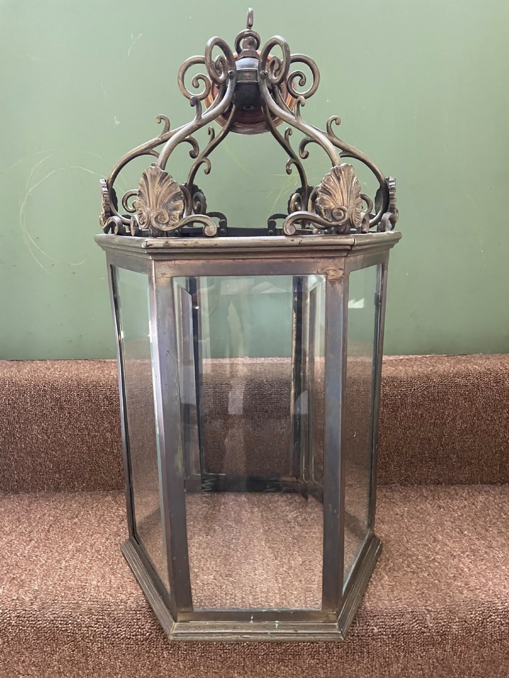 Late C19th Regency style brass hexagonal hall lantern. View II