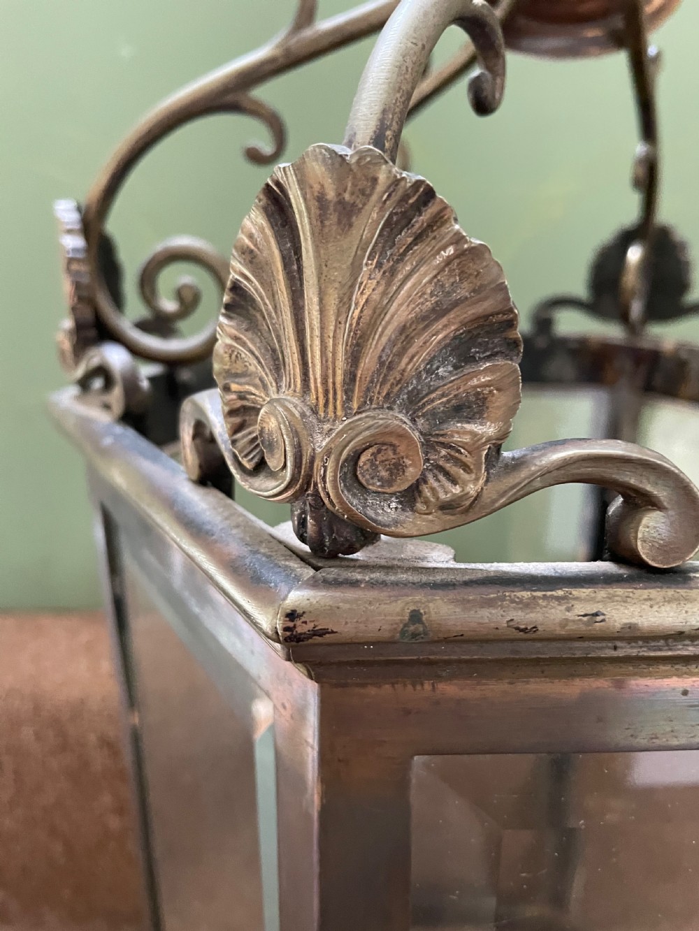 Late C19th Regency style brass hexagonal hall lantern. View III