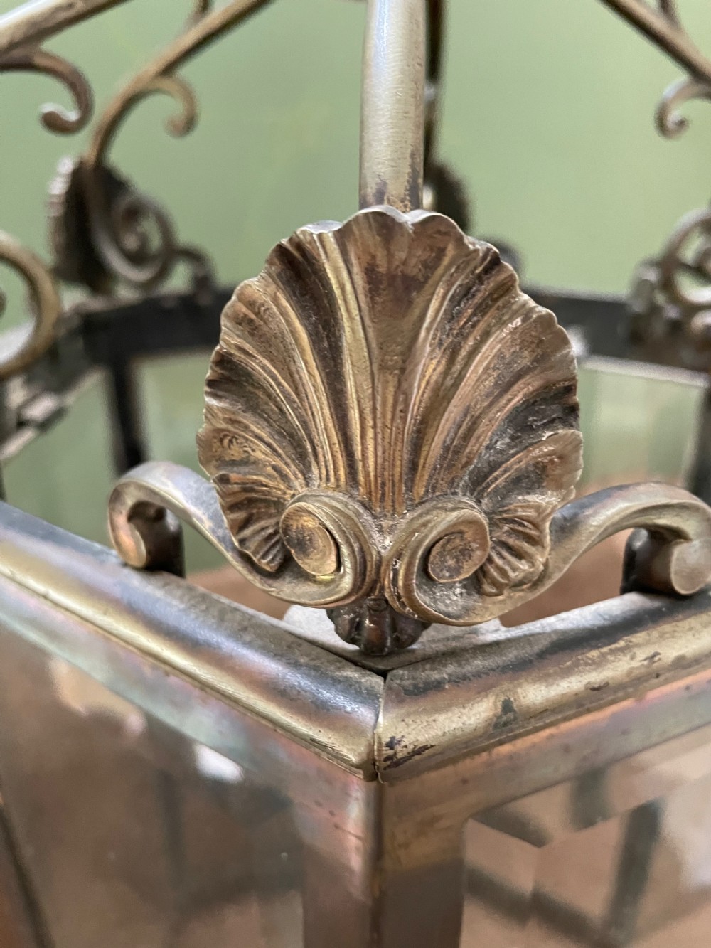 Late C19th Regency style brass hexagonal hall lantern. View IV