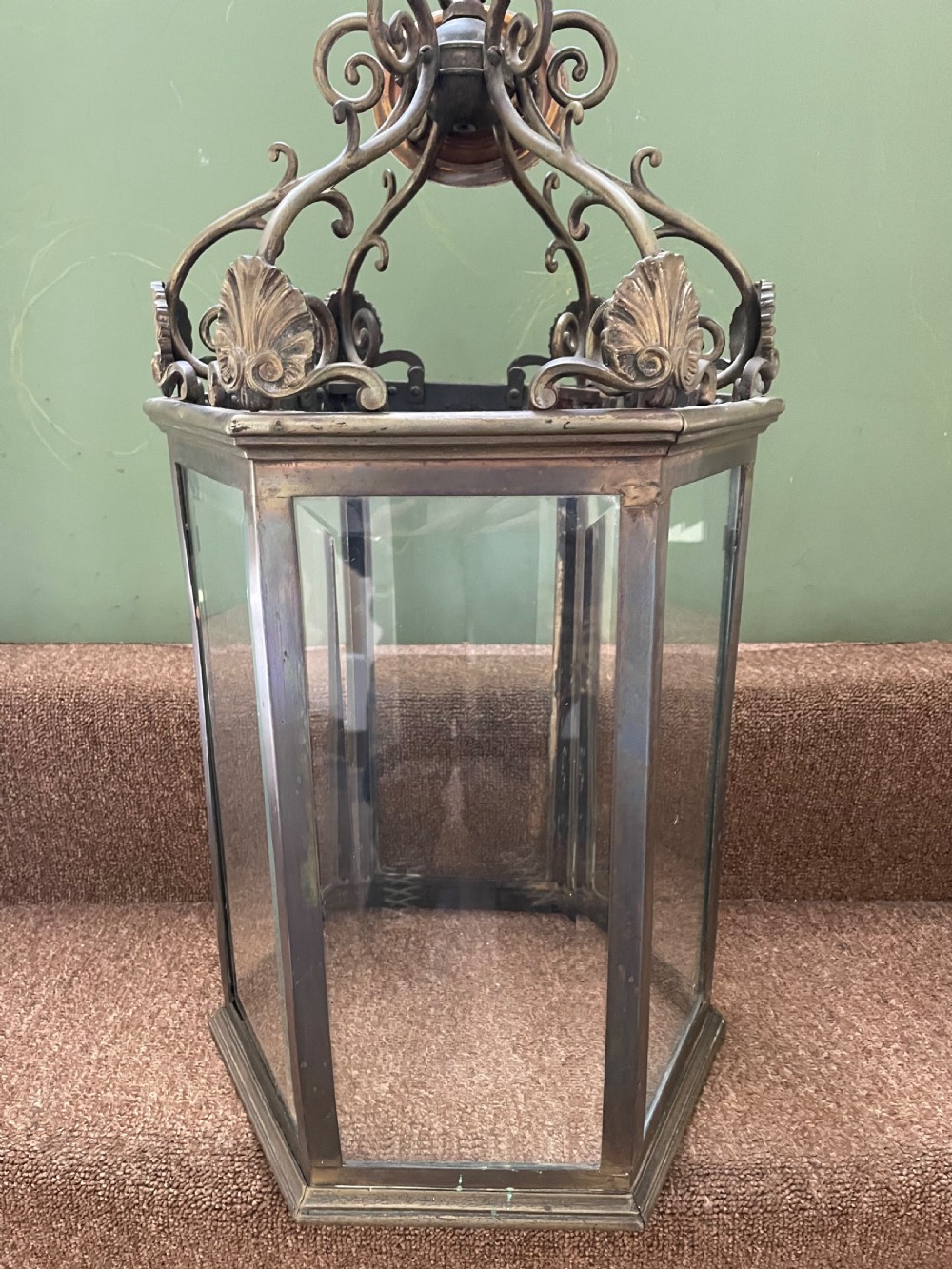 Late C19th Regency style brass hexagonal hall lantern. View V