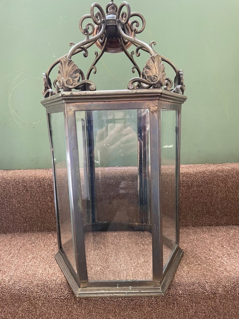 Late C19th Regency style brass hexagonal hall lantern. View VII