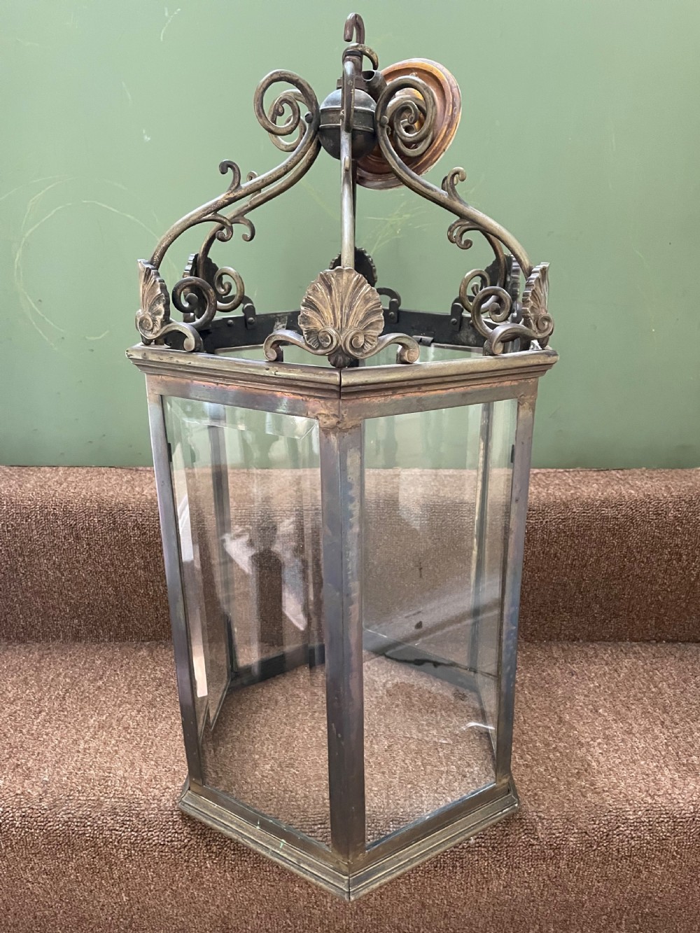 Late C19th Regency style brass hexagonal hall lantern. View VIII