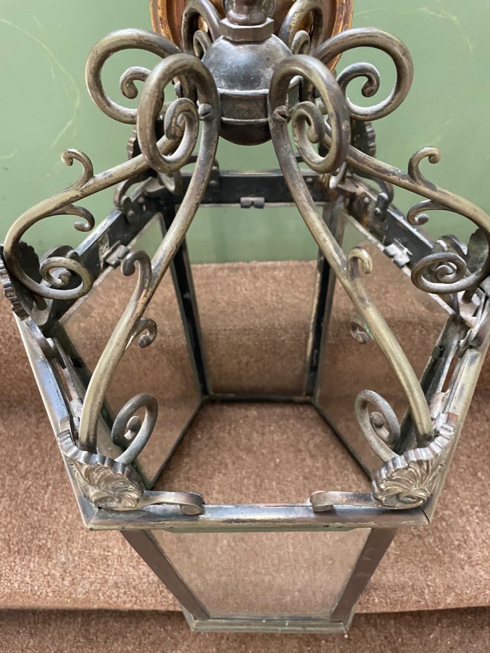 Late C19th Regency style brass hexagonal hall lantern. View IX